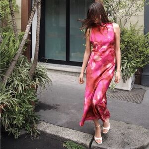 Zara PRINTED SATIN EFFECT MIDI DRESS PINK RED XL NWT